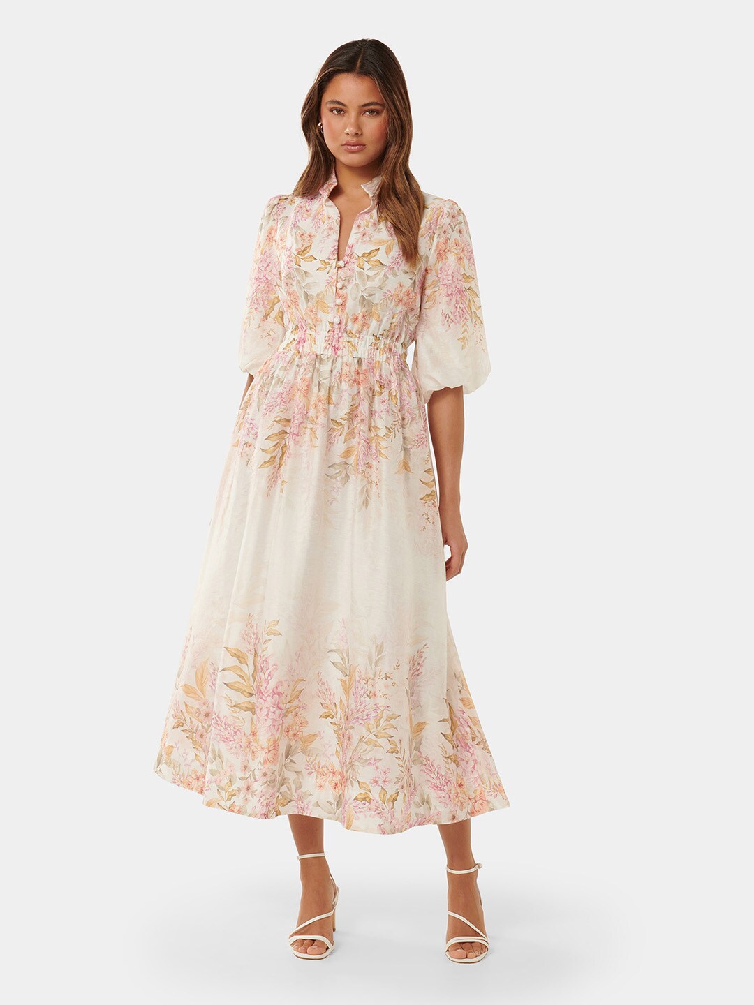 

Forever New Ivy Floral Printed Puff Sleeves Fit & Flare Midi Dress, White