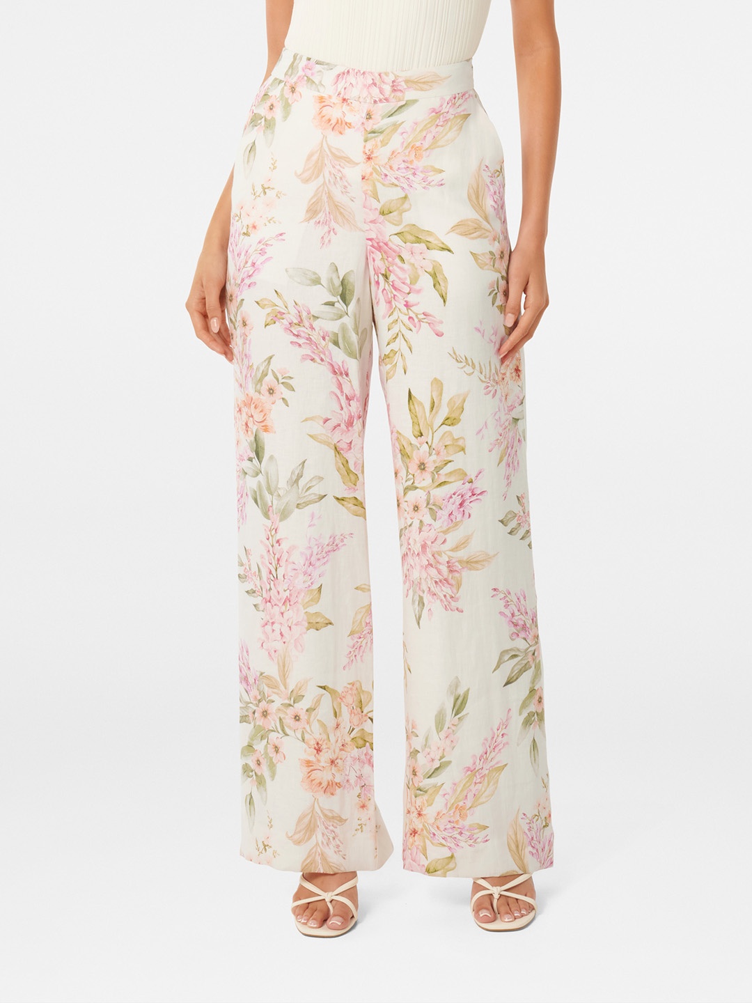 

Forever New Women Floral Printed Relaxed Flared High-Rise Linen Parallel Trousers, Beige