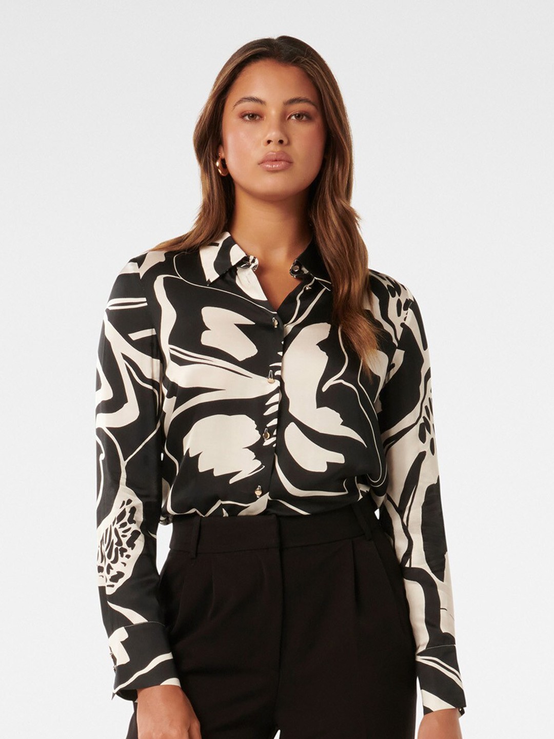 

Forever New Classic Abstract Printed Satin Casual Shirt, Black