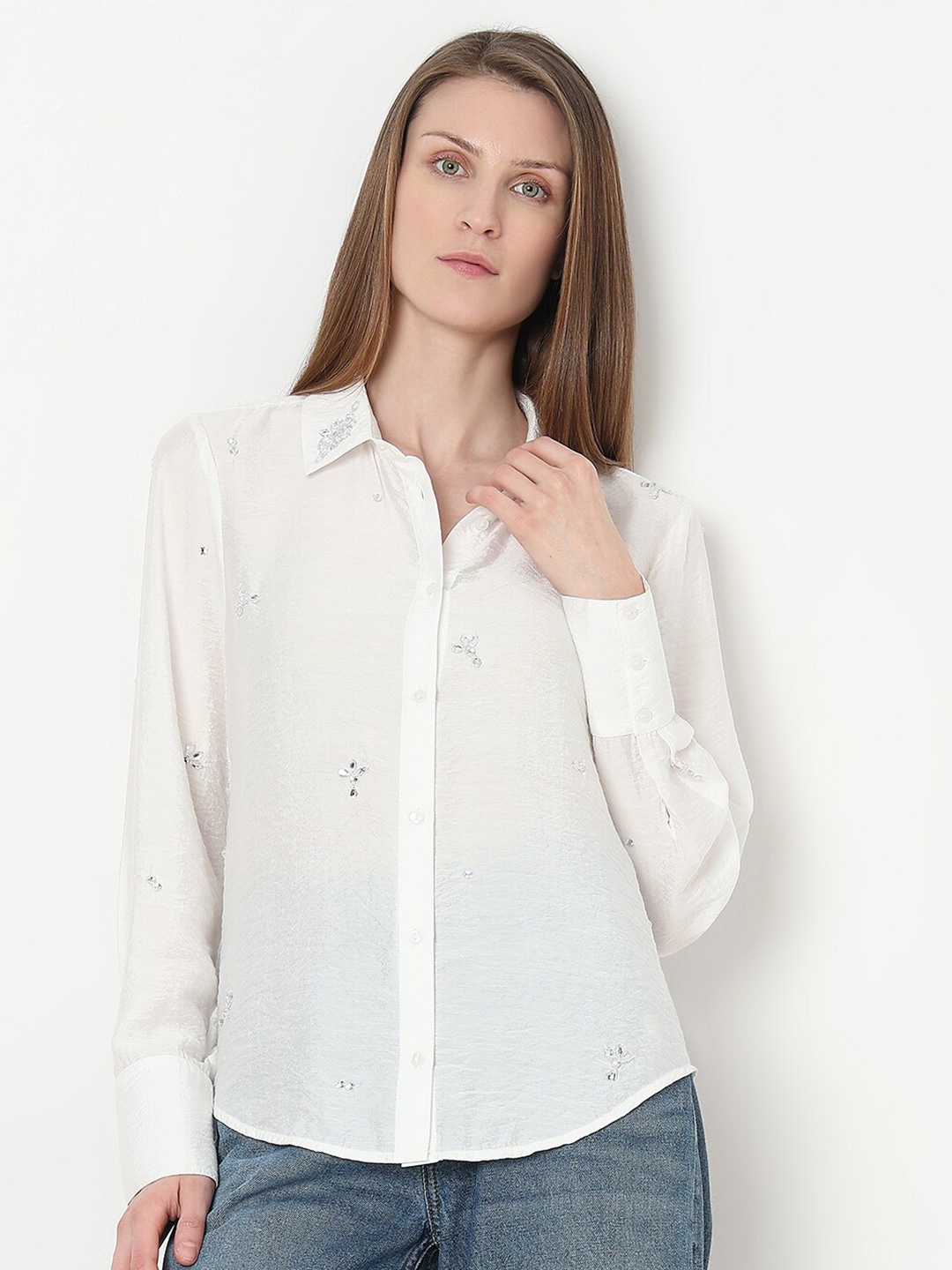 

Vero Moda Floral Embroidered Opaque Casual Shirt, White