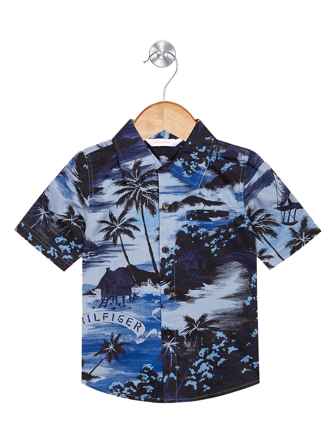 

Budding Bees Boys Floral Spread Collar Short Sleeves Welt Chest Pocket Cotton Casual Shirt, Blue