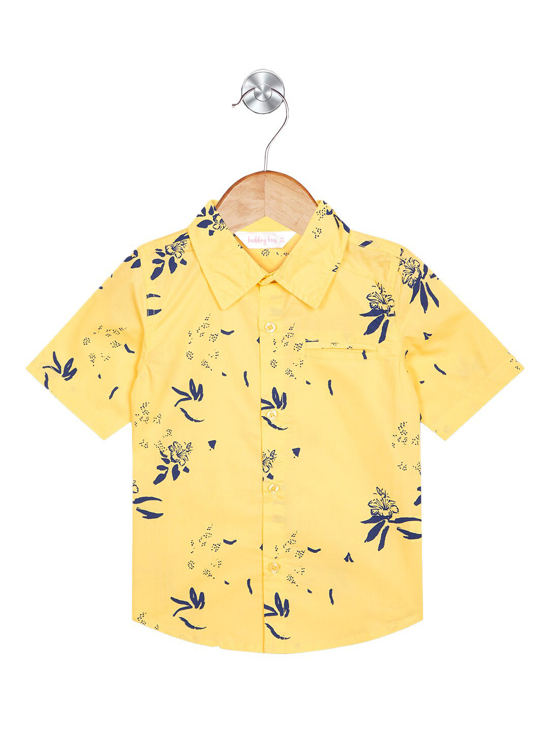 

Budding Bees Boys Floral Printed Spread Collar Welt Chest Pocket Cotton Casual Shirt, Yellow