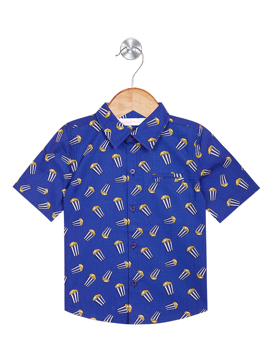 

Budding Bees Boys Graphic Printed Spread Collar Welt Chest Pocket Cotton Casual Shirt, Blue