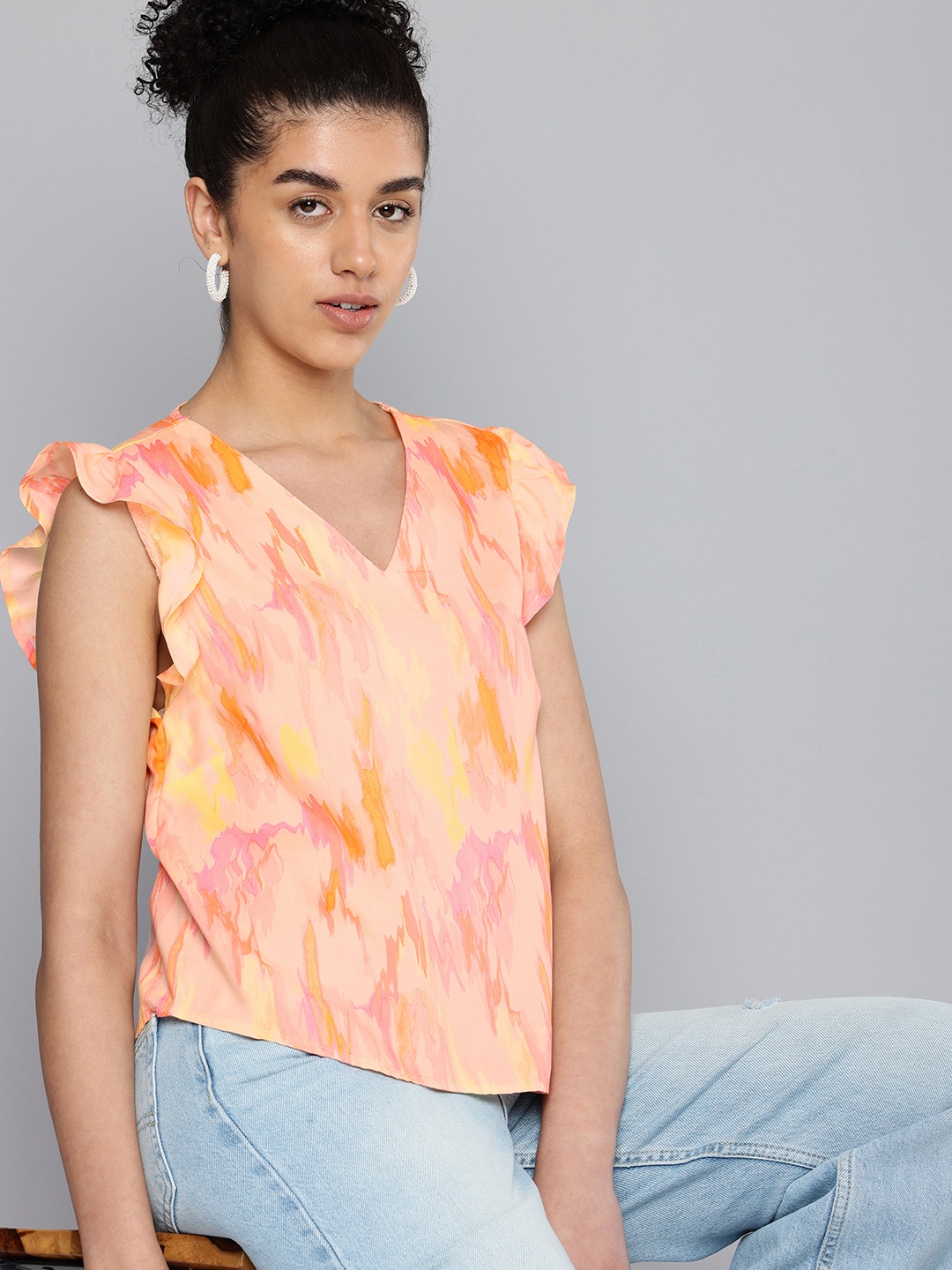 

Levis Abstract Print Flutter Sleeve Top, Peach