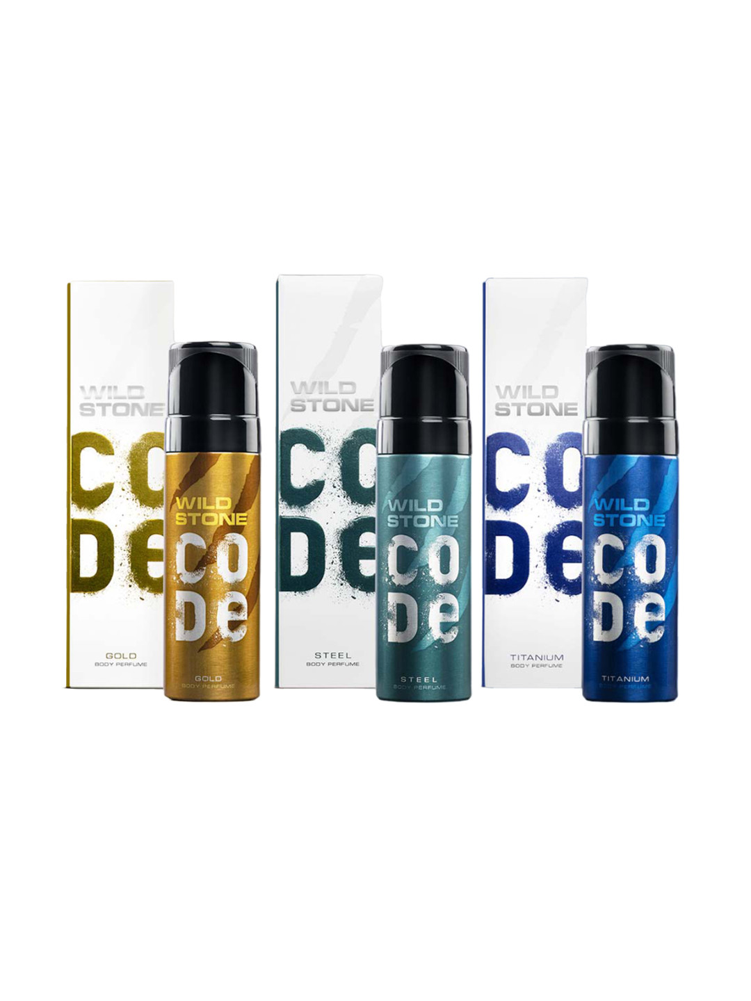 

Wild stone Men Set of 3 Code Long Lasting Body Deodorant 150ml each - Gold+Titanium+Steel