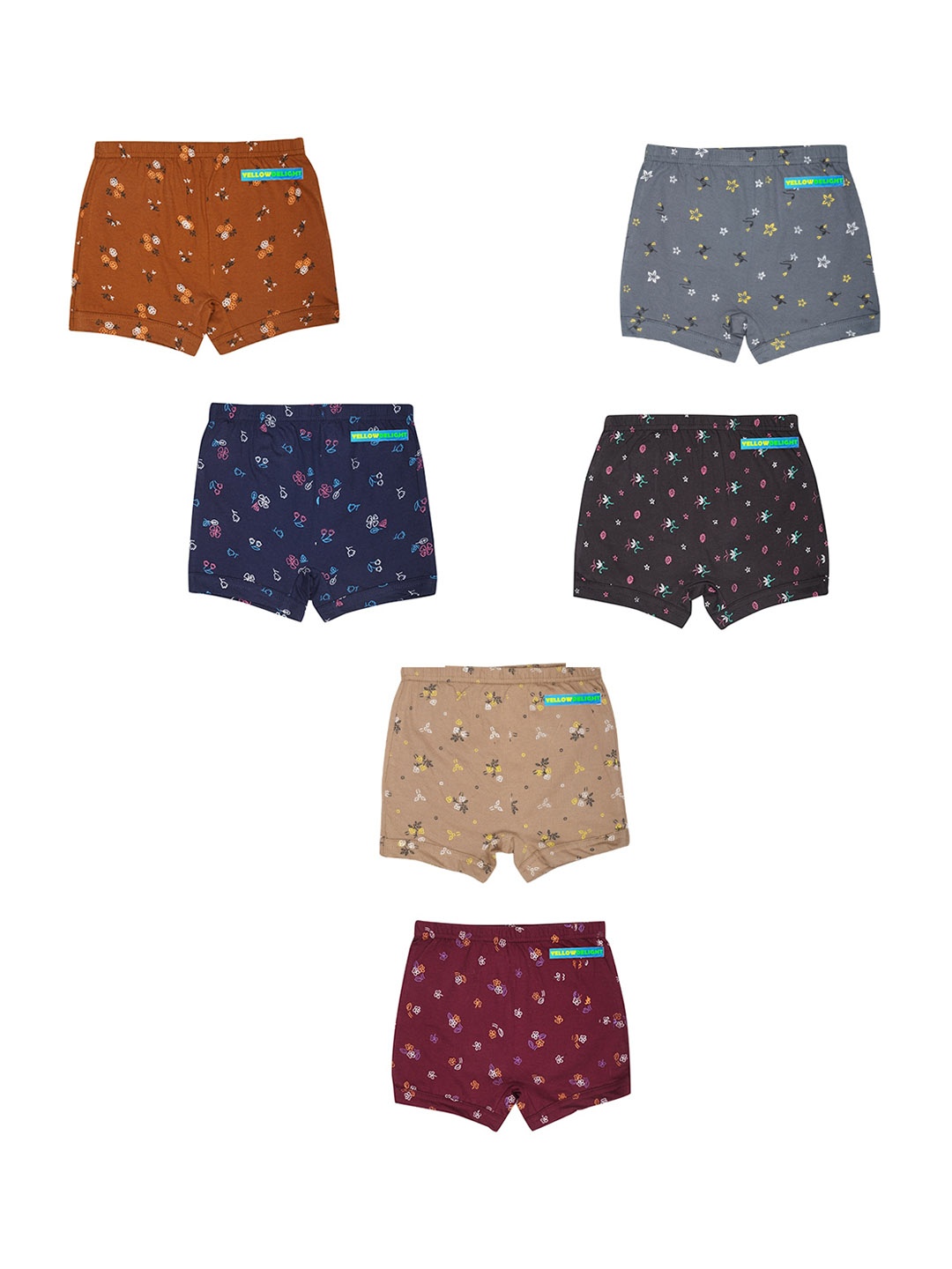 

YELLOWDELIGHT Boys Pack Of 6 Floral Printed Cotton Boyshort Briefs, Brown