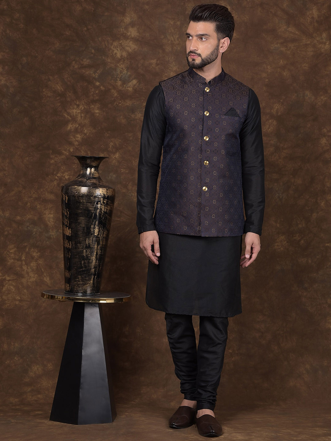 

DEYANN Abstract Woven Design Mandarin Collar Straight Kurta with Churidar & Nehru Jacket, Brown