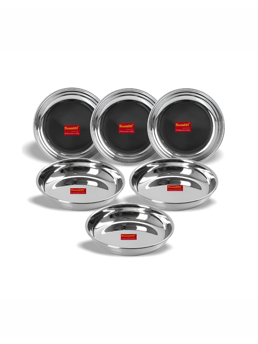 

Sumeet Silver Toned 6 Pieces Glossy Finish Dishwasher Safe Stainless Steel Plates