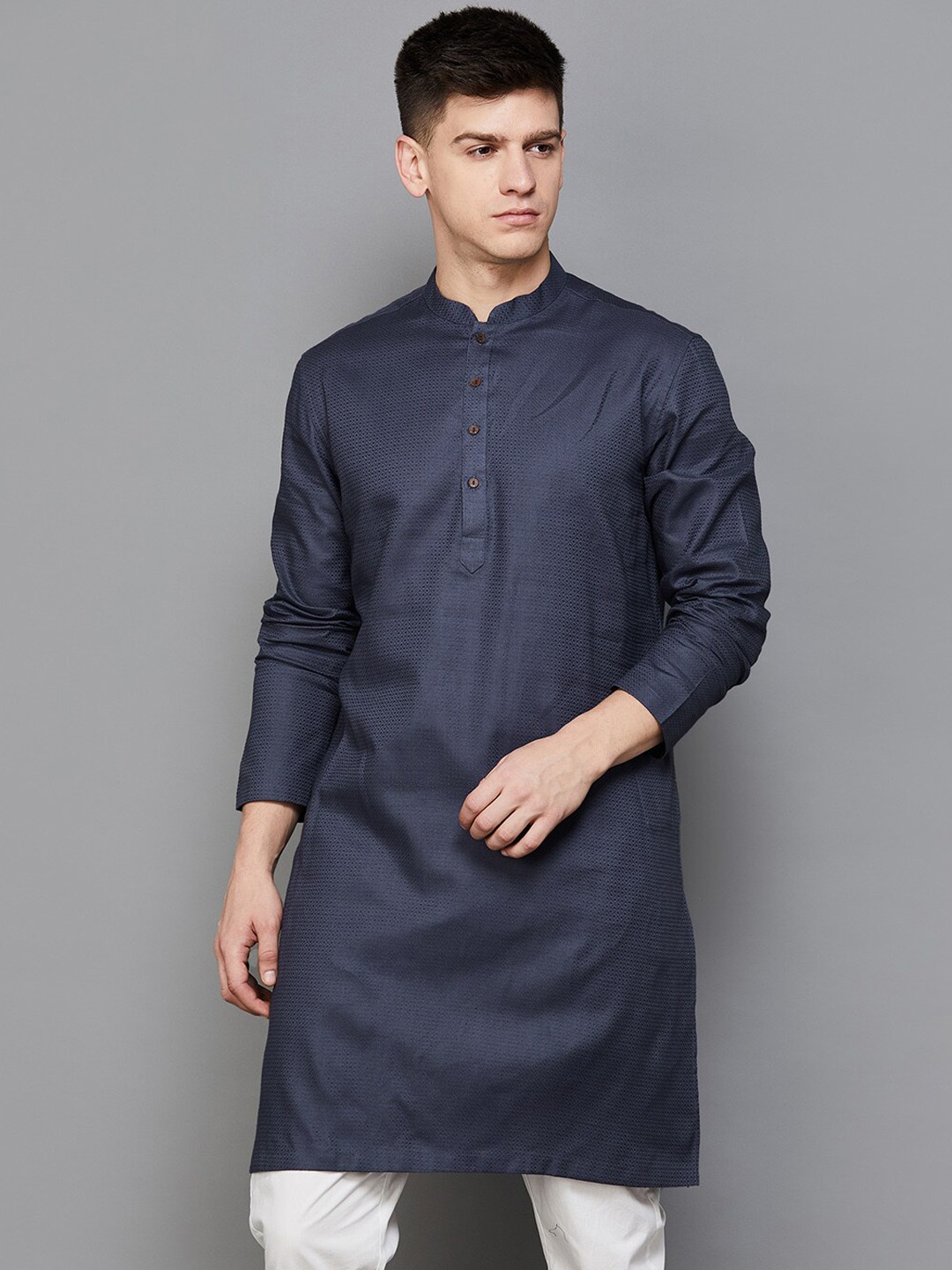 

Melange by Lifestyle Geometric Woven Design Mandarin Collar Pure Cotton Straight Kurta, Grey