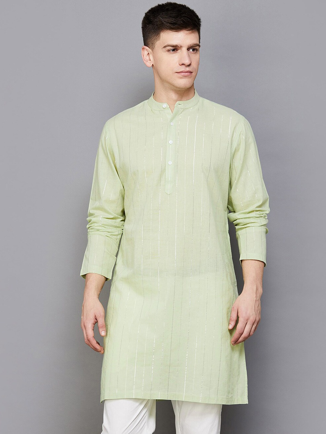 

Melange by Lifestyle Striped Band Collar Pure Cotton Straight Kurta, Green