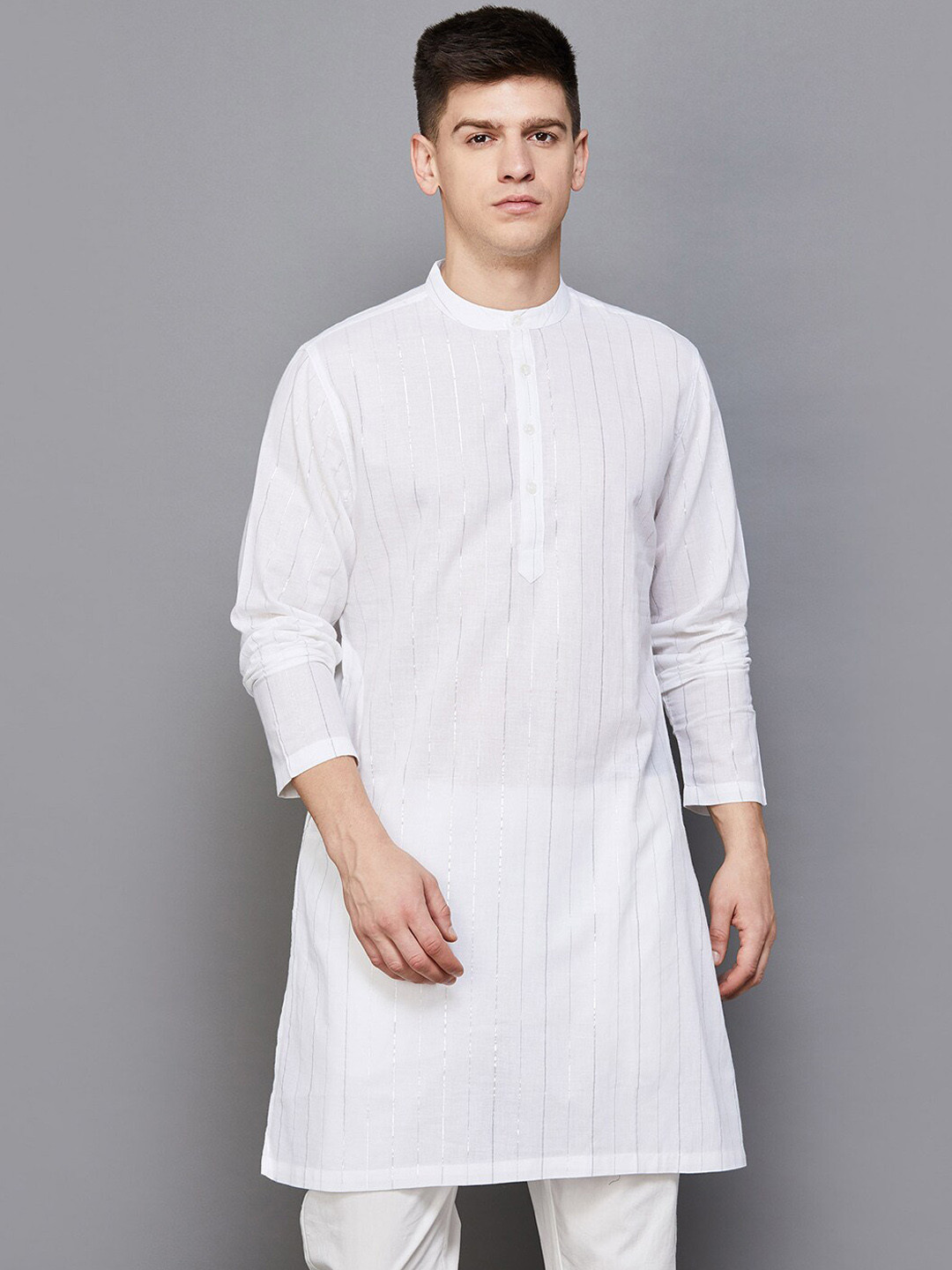 

Melange by Lifestyle Striped Band Collar Pure Cotton Straight Kurta, White