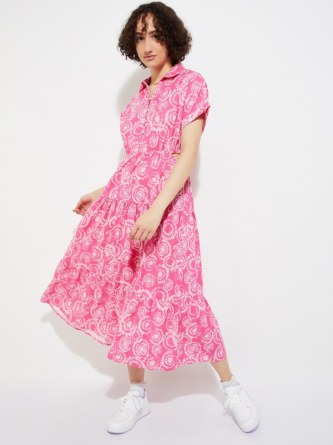 

max URB_N Floral Printed Shirt Collar Cut-Outs Midi Tiered Dress, Pink