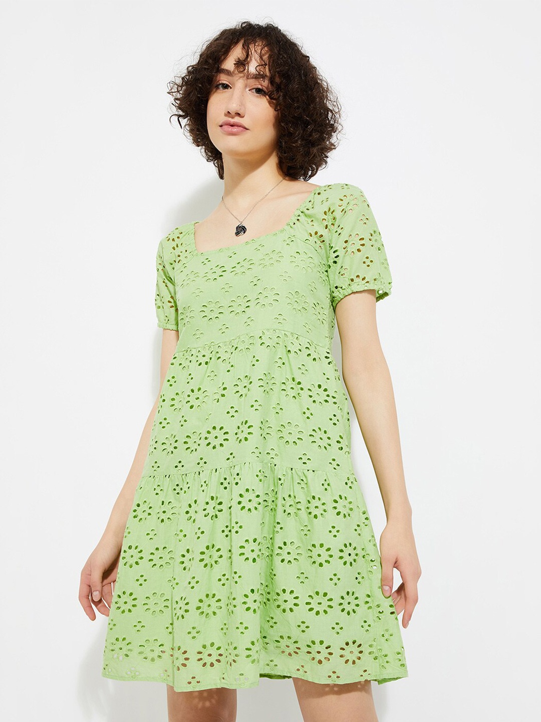

max URB_N Self Design Pure Cotton Schiffli Work Tiered Dress, Green