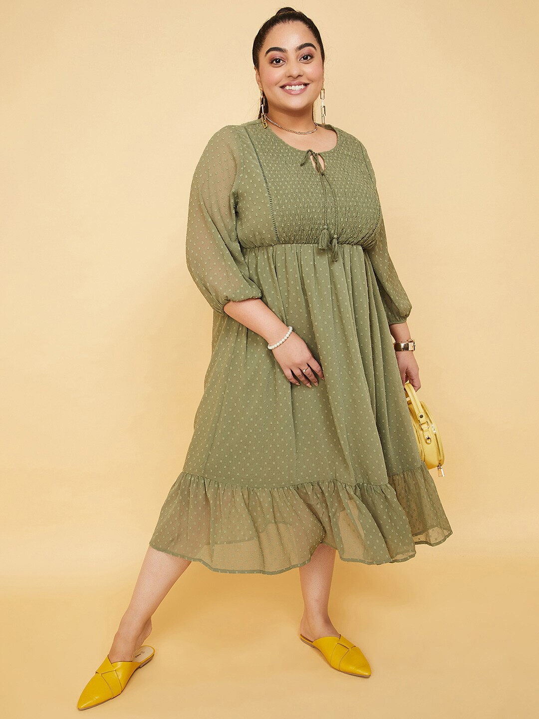 

max Plus Size Printed Tie-Up Neck Fit & Flare Midi Dress, Olive