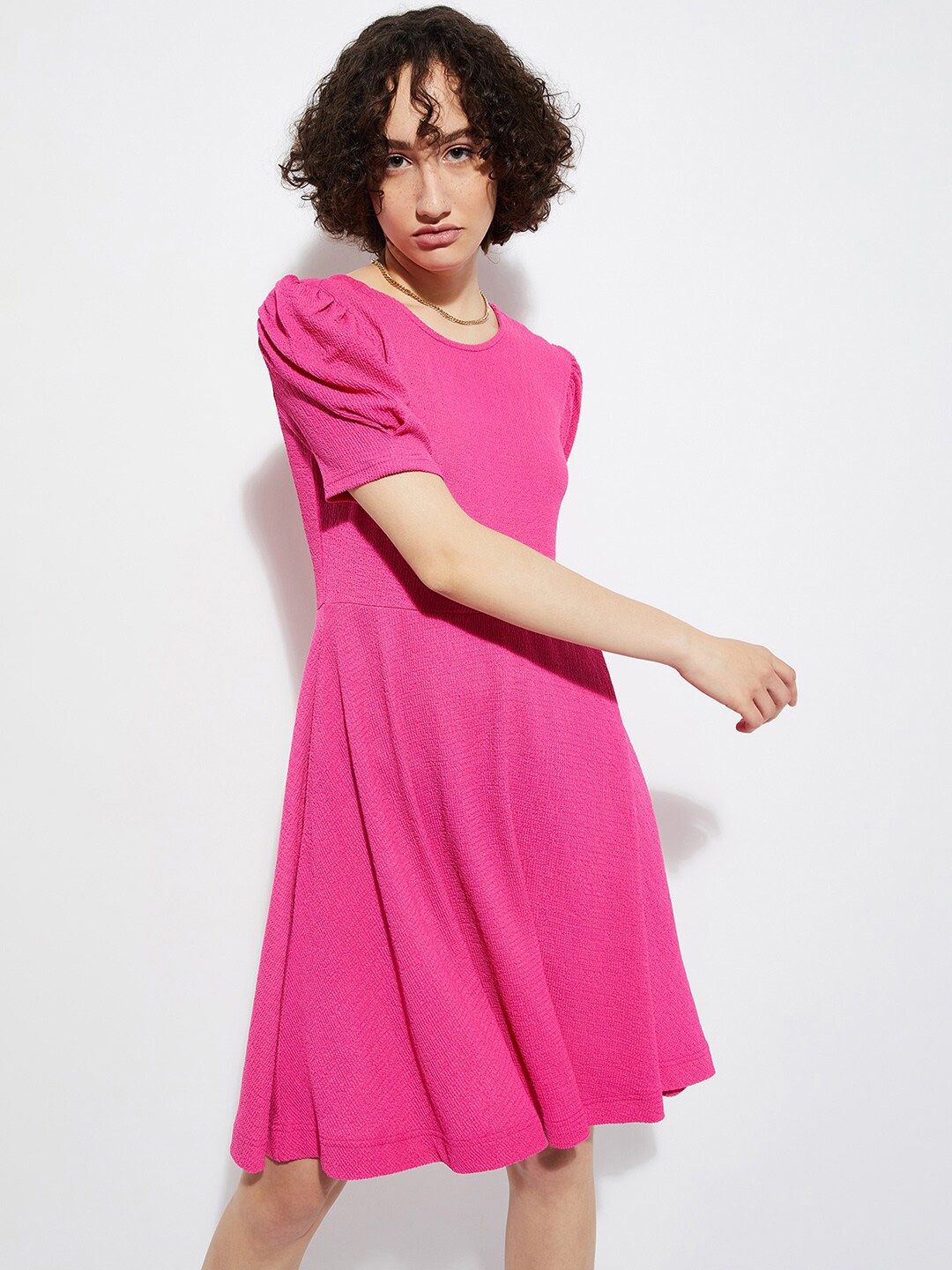 

max URB_N Textured Puff Sleeve Fit & Flare Dress, Fuchsia