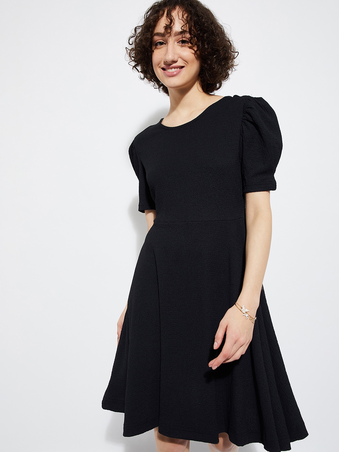 

max URB_N Women Textured Fit & Flare Dress, Black