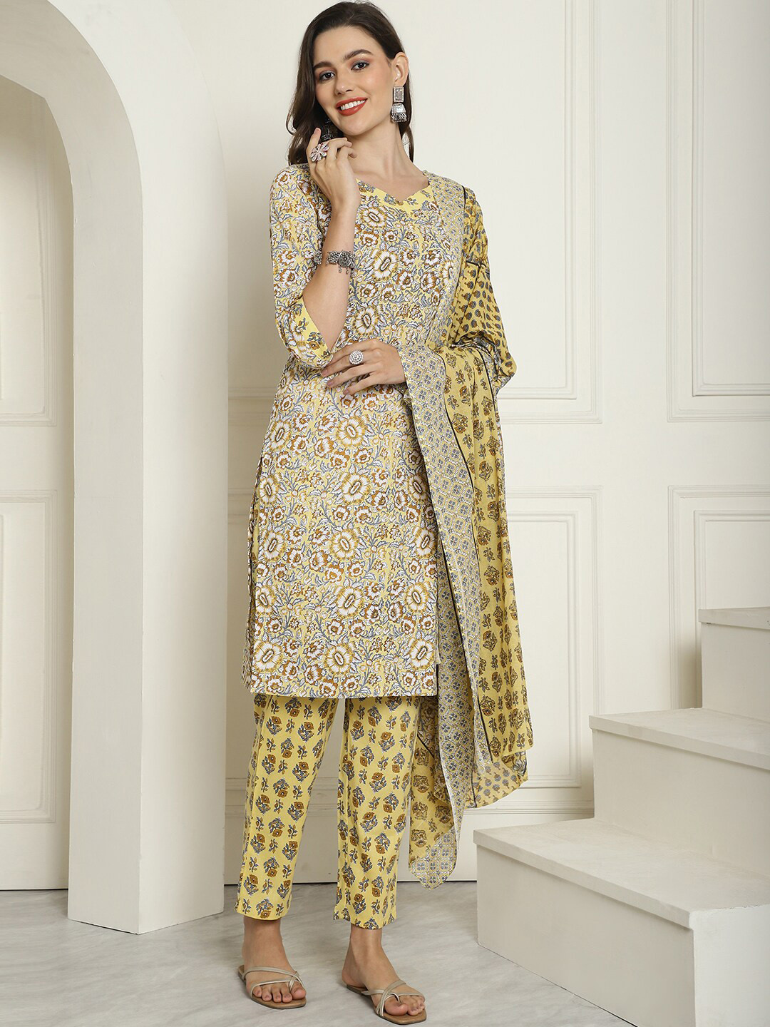

Anouk Floral Printed Pure Cotton Kurta With Trouser & Dupatta, Yellow