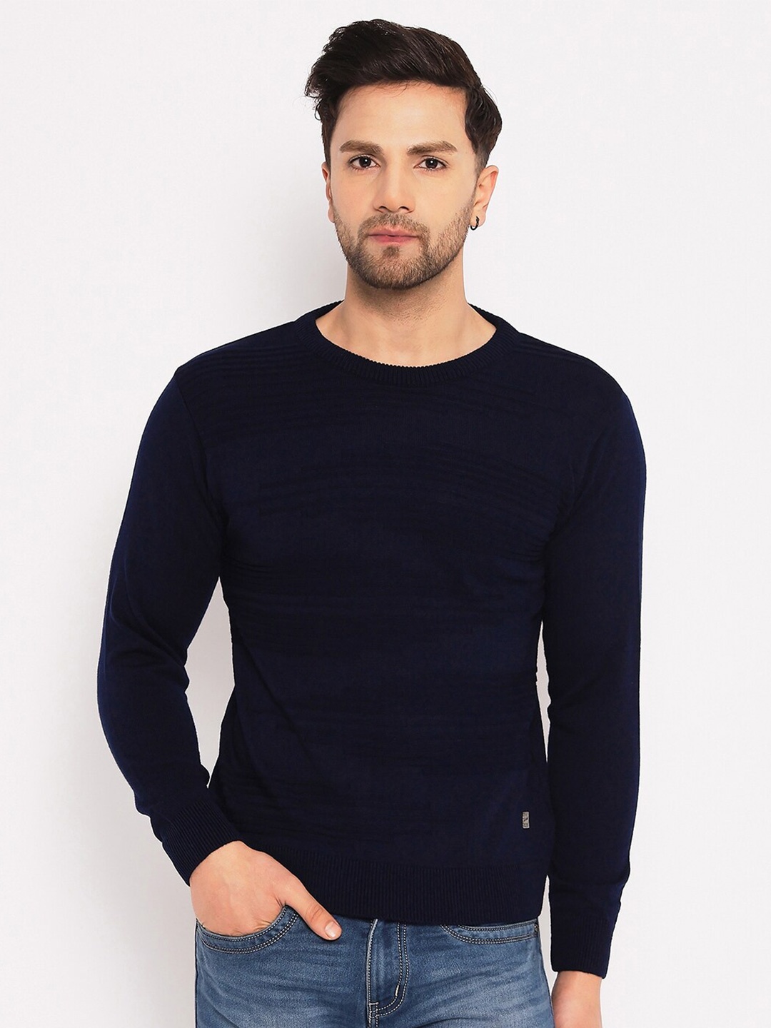 

Duke Striped Round Neck Acrylic Pullover, Navy blue