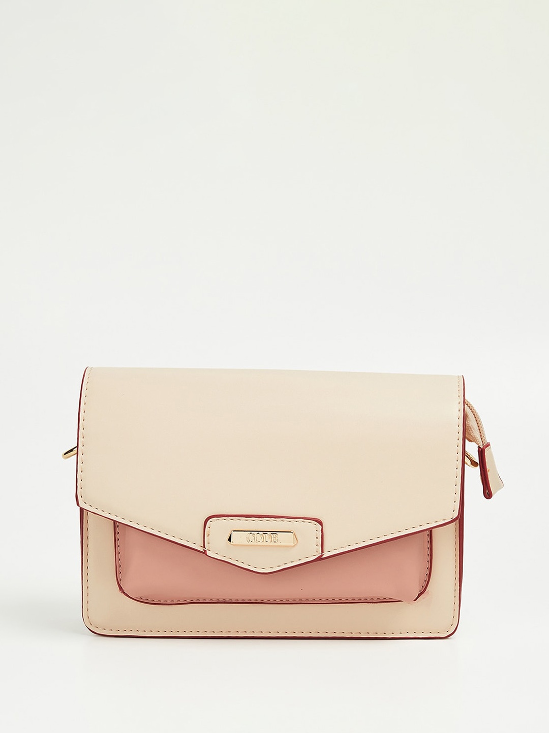 

CODE by Lifestyle Colourblocked Zip Detail PU Sling Bag, Beige