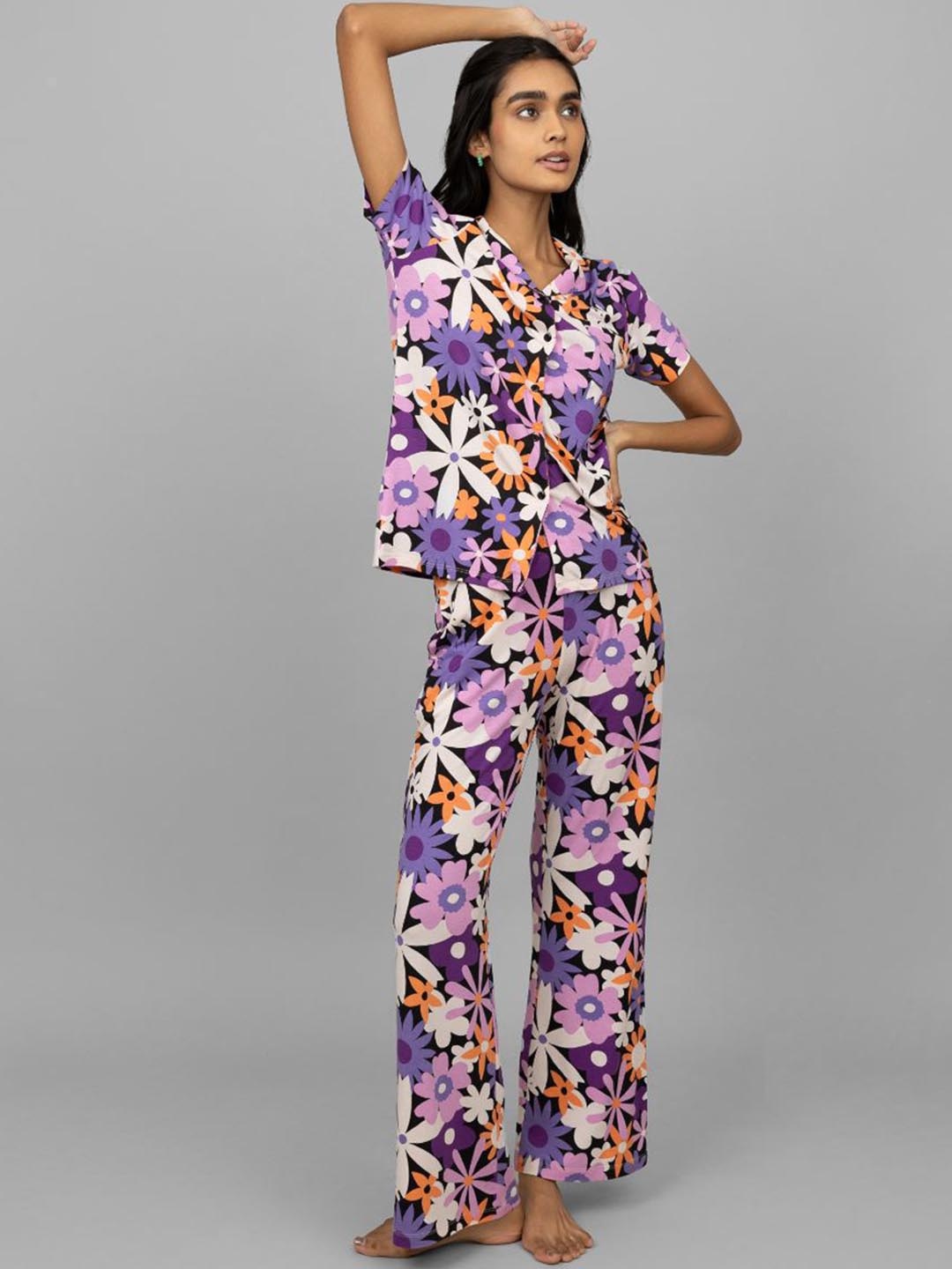 

necesera Floral Printed Shirt Collar Night Suit, Black