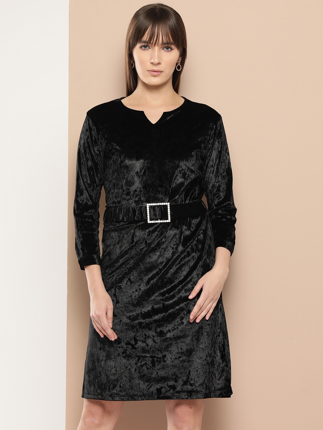 

Chemistry Velvet A-Line Dress with Belt, Black