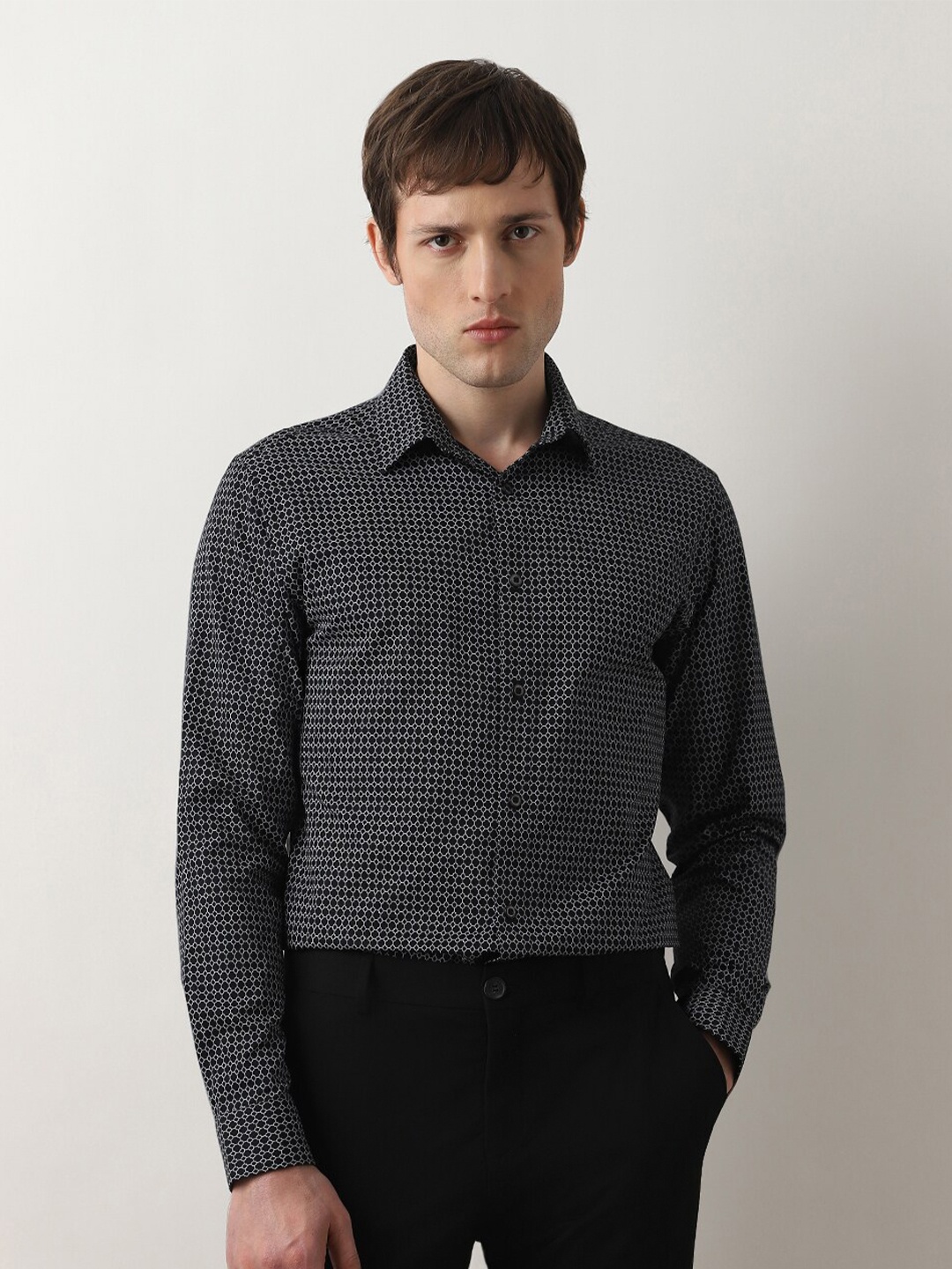 

SELECTED Slim Fit Printed Opaque Cotton Casual Shirt, Black