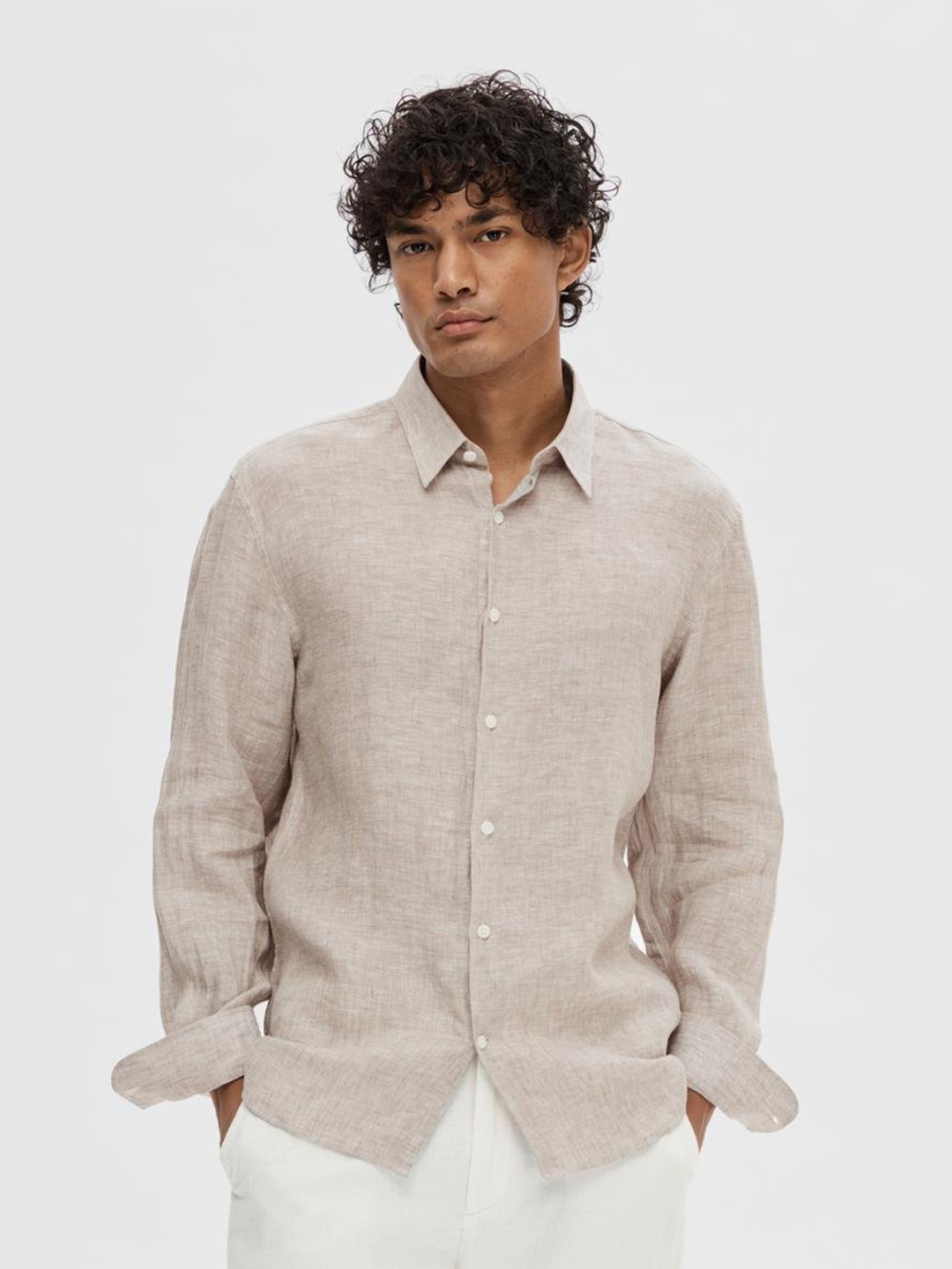 

SELECTED Textured Opaque Linen Casual Shirt, Beige