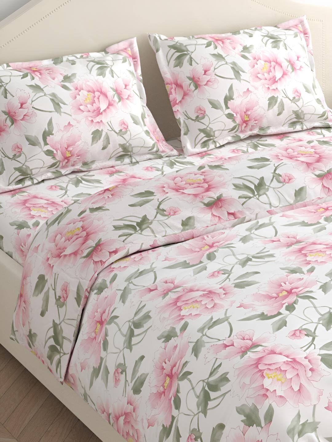 

haus & kinder White & Pink Floral 144 TC Queen Bedsheet with 2 Pillow Covers
