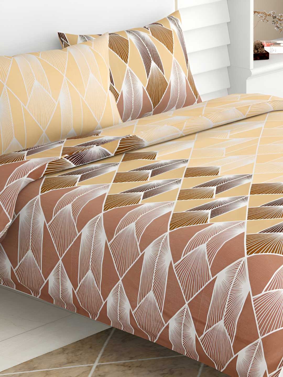 

haus & kinder Brown & White Geometric 144 TC Queen Bedsheet with 2 Pillow Covers
