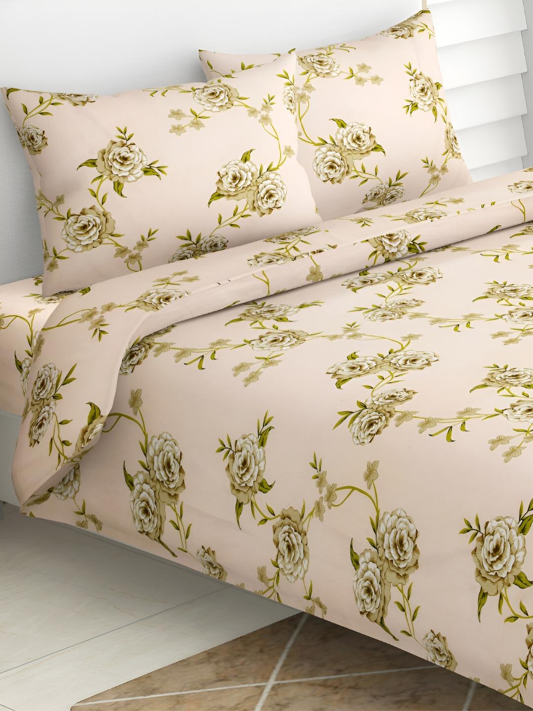 

haus & kinder Beige & Green Floral 144 TC Queen Bedsheet with 2 Pillow Covers