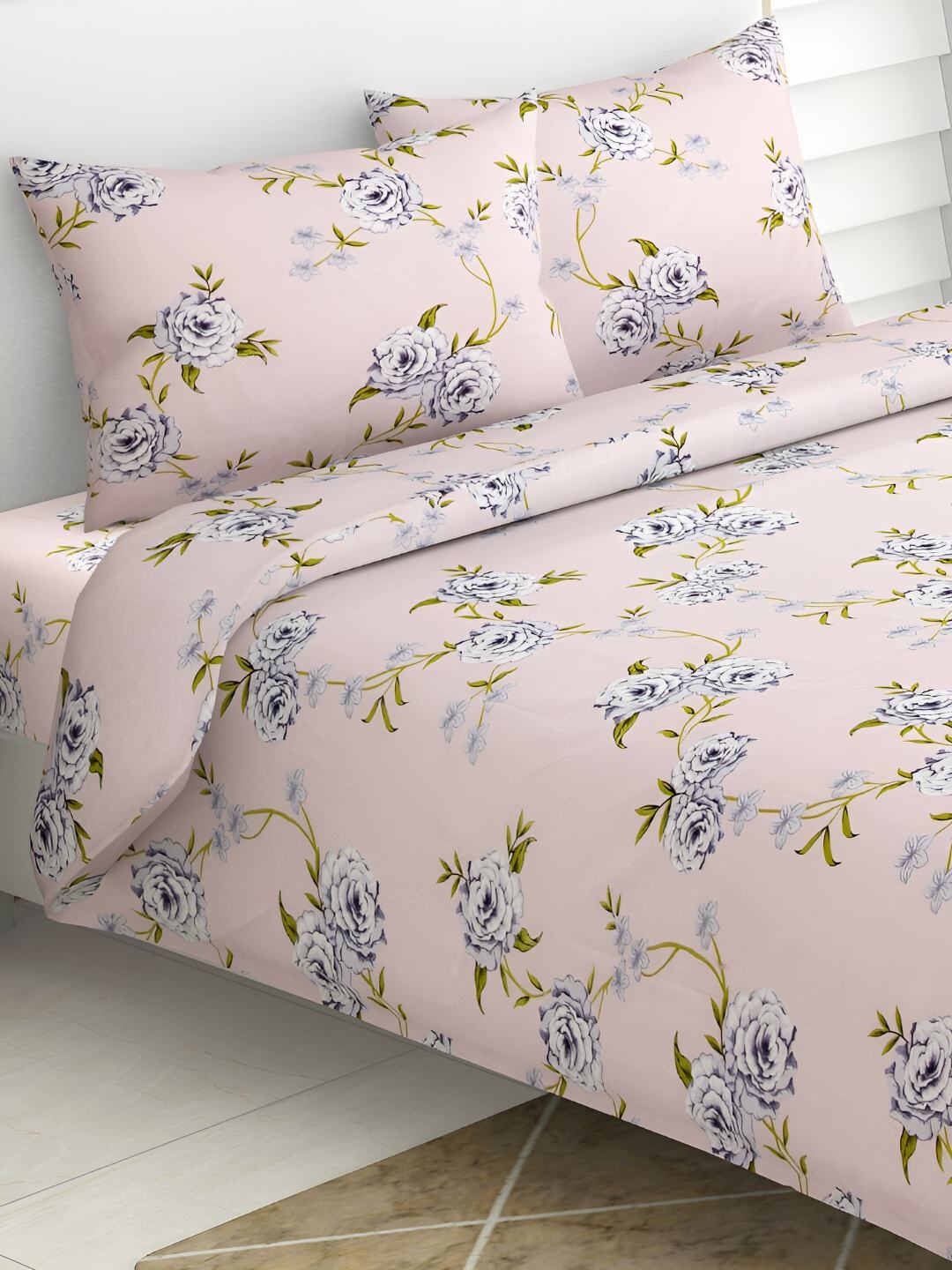 

haus & kinder Pink & Green Floral 144 TC Queen Bedsheet with 2 Pillow Covers