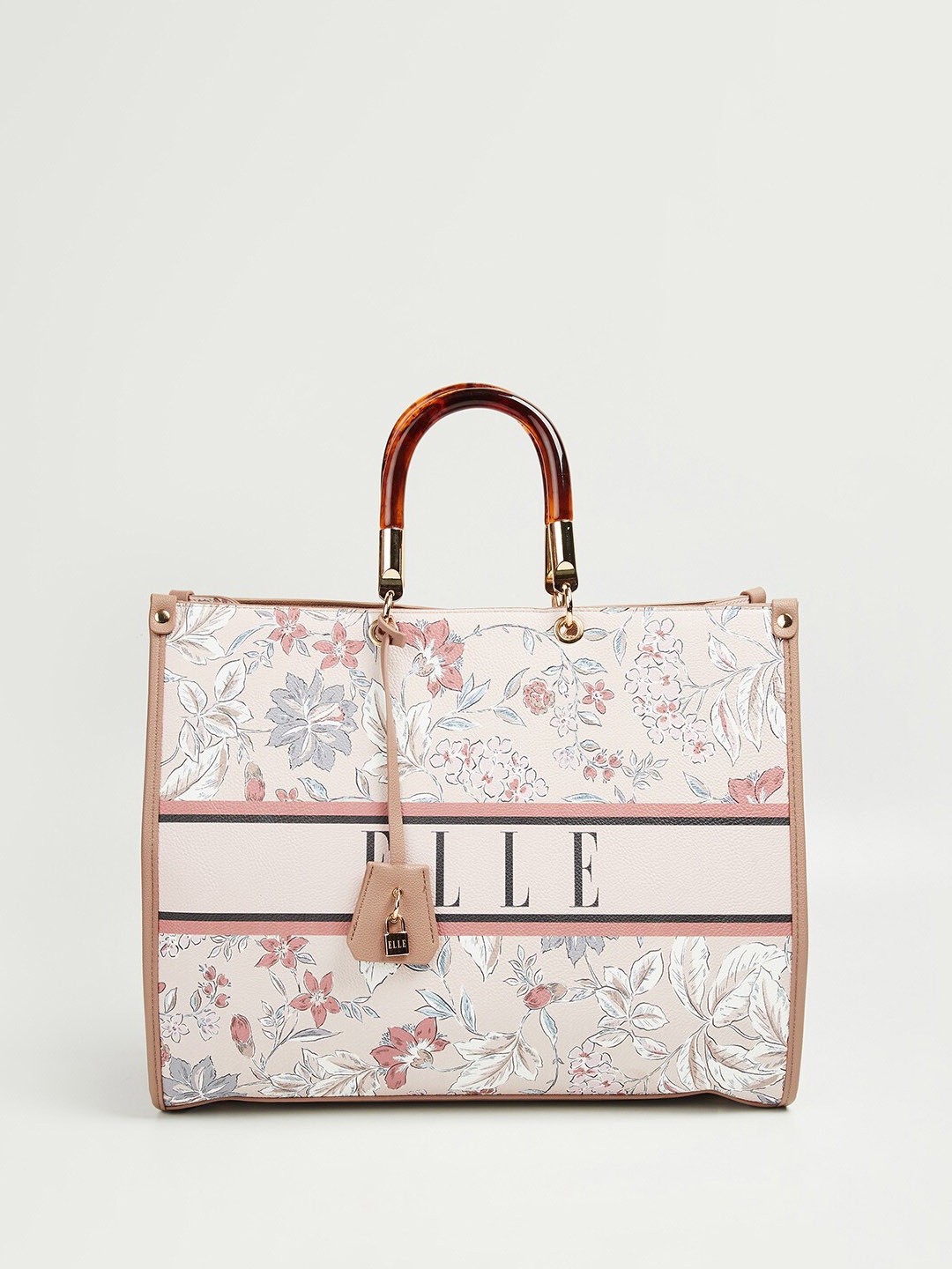 

ELLE Floral Printed Structured Oversized Handheld Bag, Beige