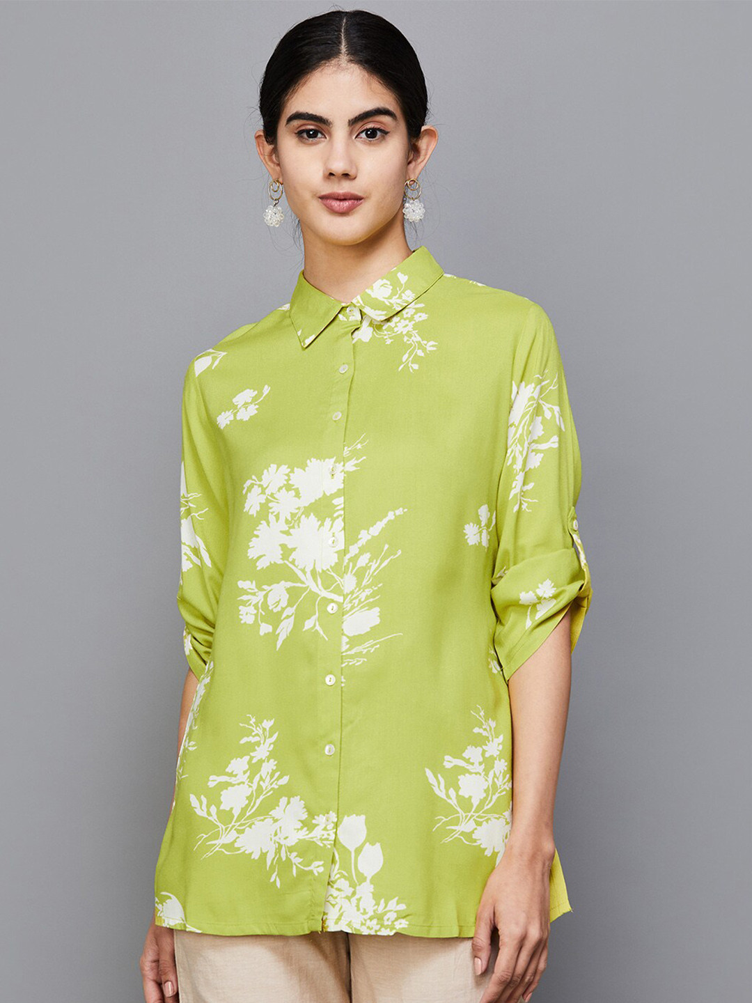 

Melange by Lifestyle Shirt Collar Floral Printed Tunic, Green