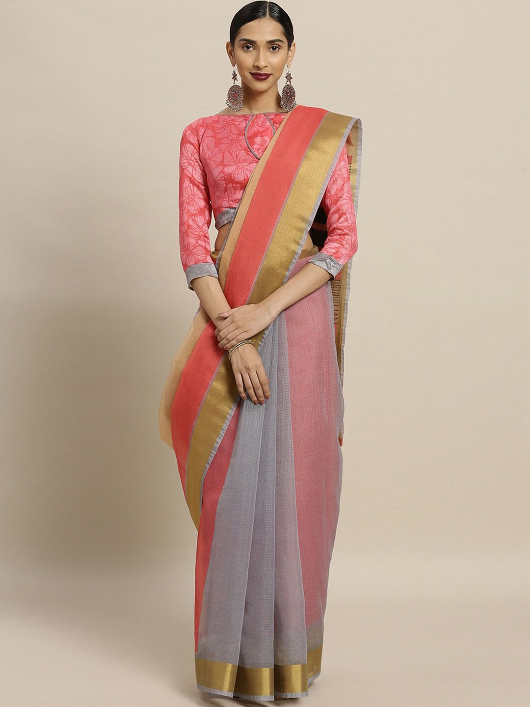 

HRITIKA Colourblocked Silk Cotton Saree, Pink
