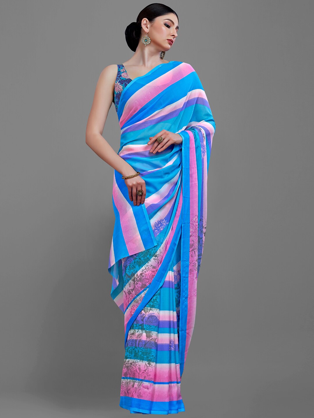 

HRITIKA Striped Saree, Blue