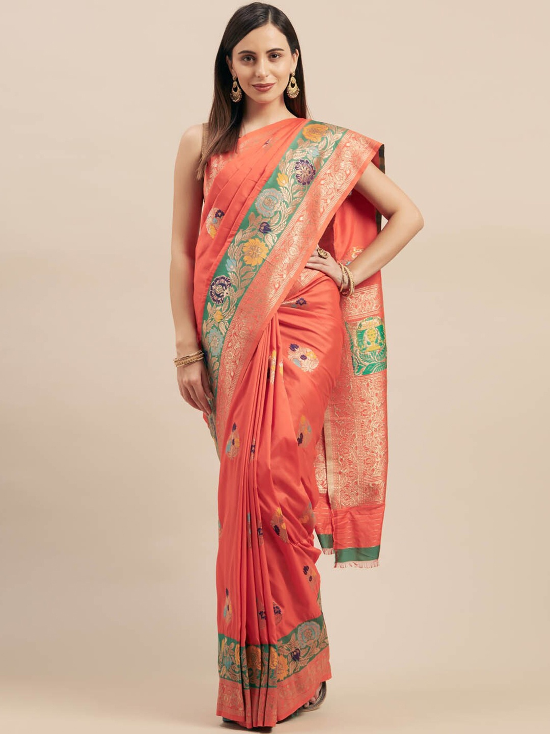 

HRITIKA Ethnic Motifs Woven Design Zari Saree, Orange