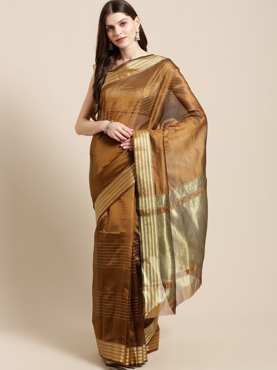 

HRITIKA Striped Zari Saree, Brown