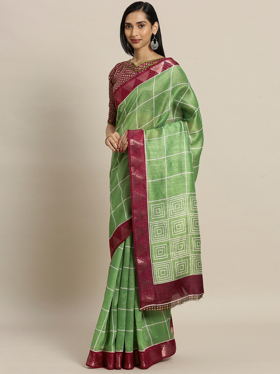 

HRITIKA Checked Woven Design Zari Silk Cotton Saree, Green