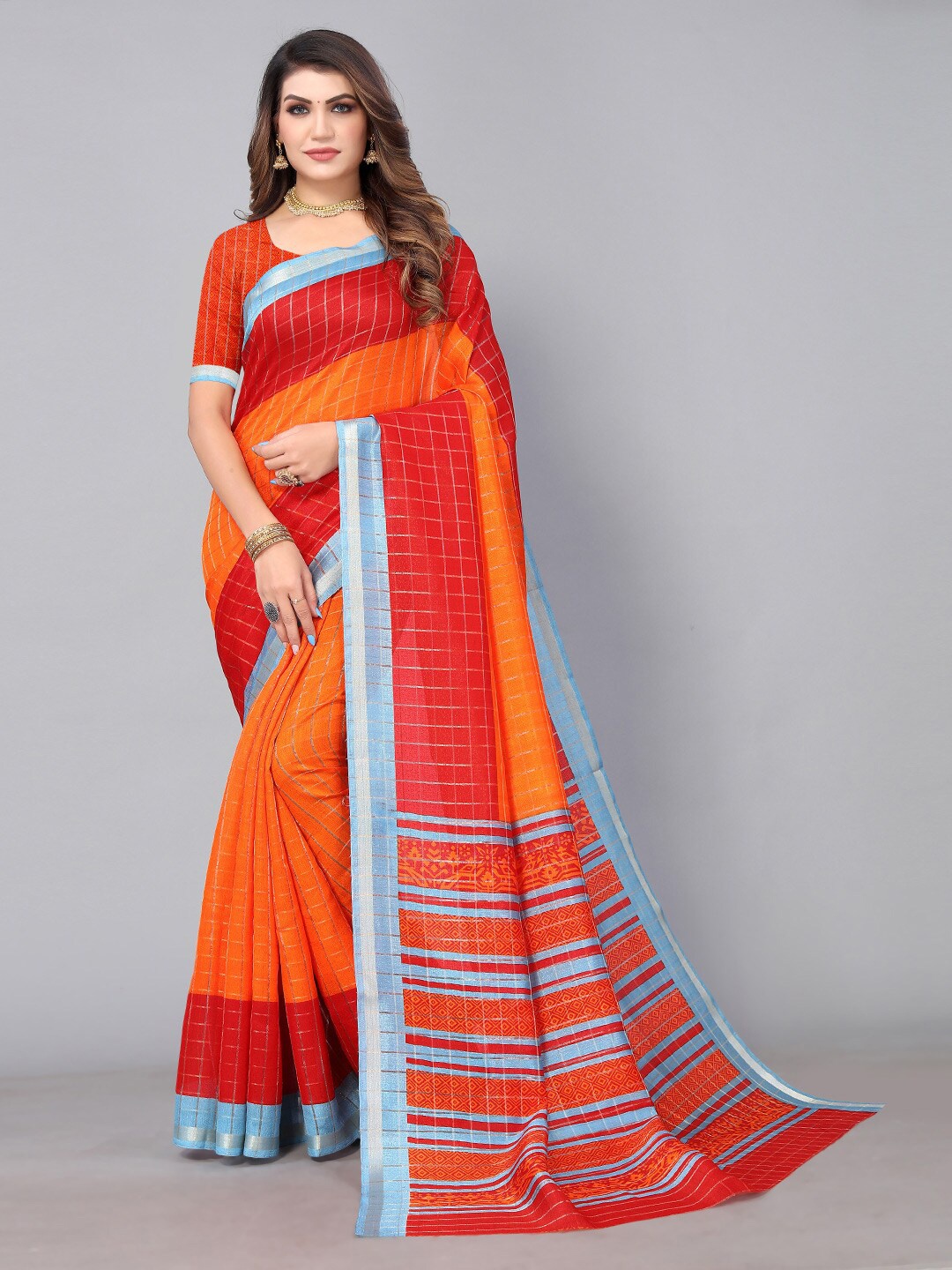 

HRITIKA Checked Zari Silk Cotton Saree, Orange