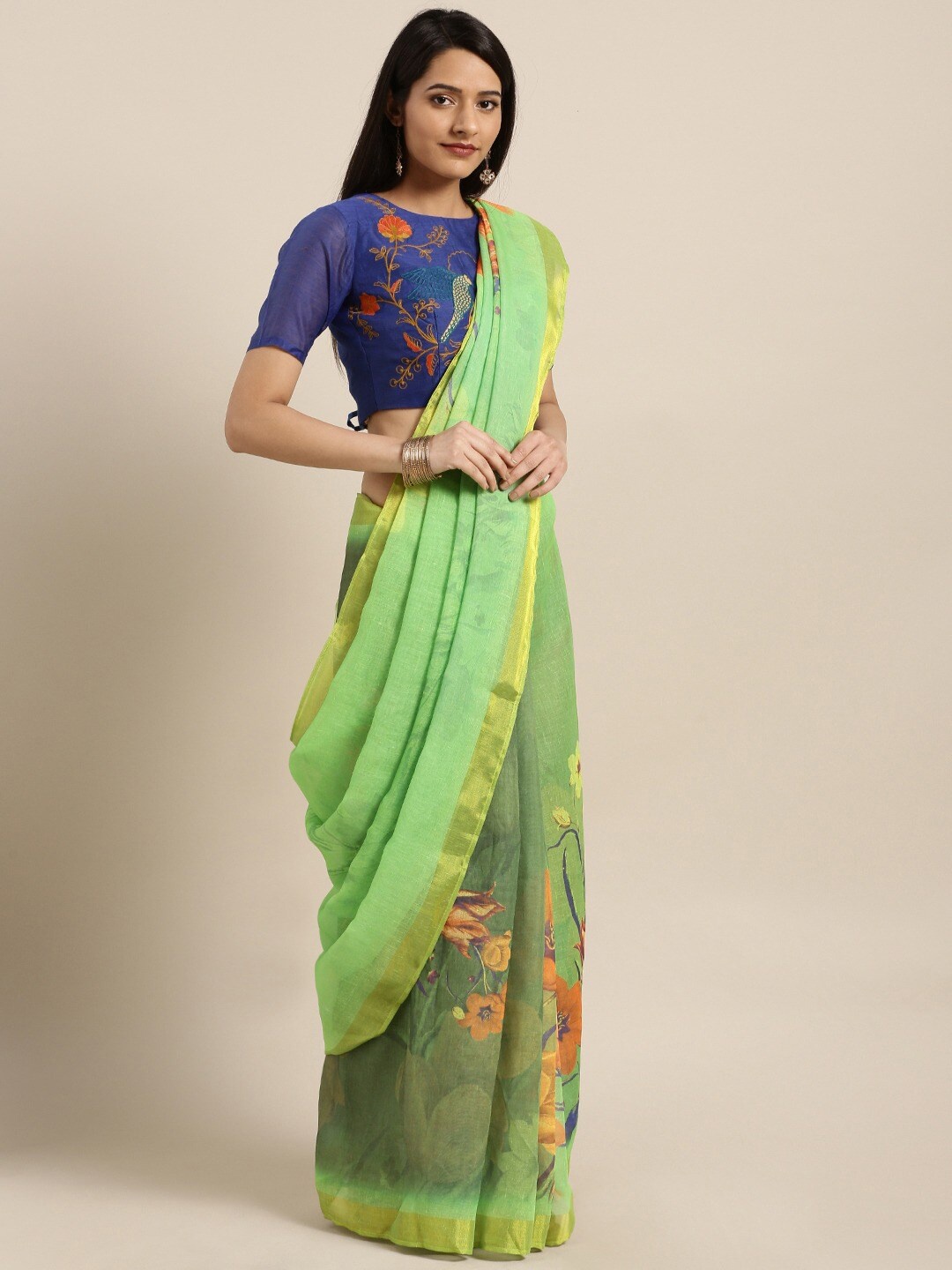 

HRITIKA Floral Printed Pure Linen Saree, Green