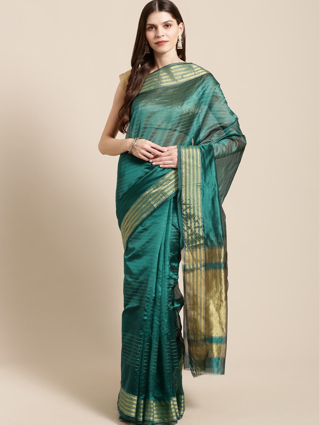 

HRITIKA Striped Zari Saree, Green