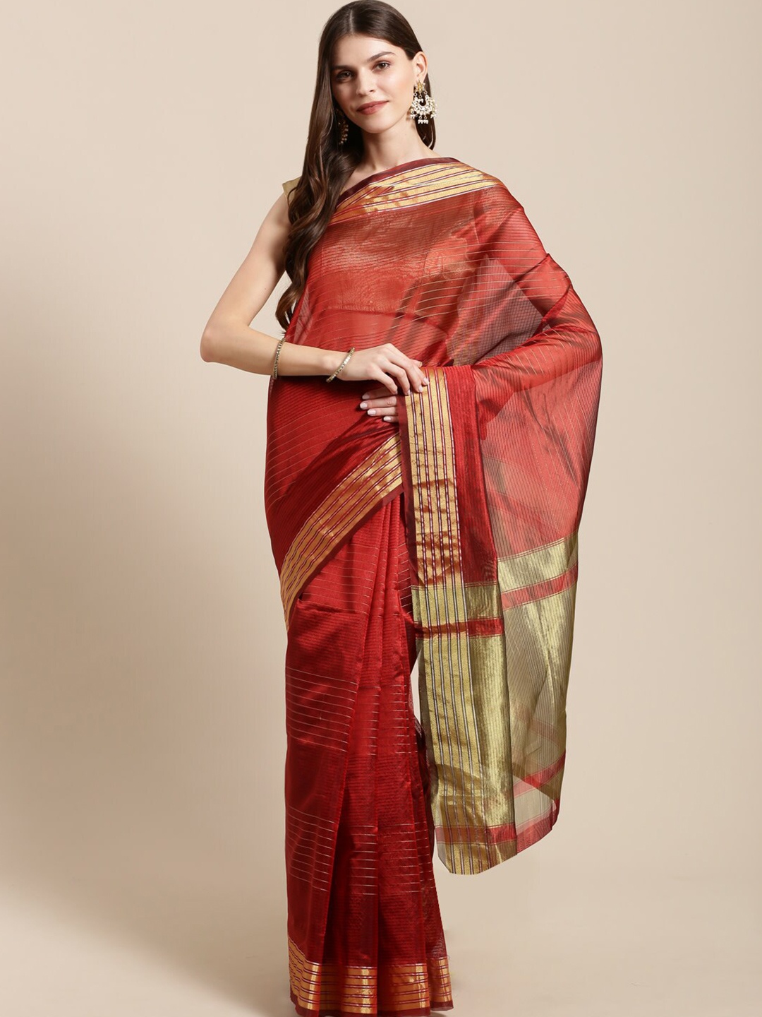 

HRITIKA Striped Woven Design Zari Saree, Maroon