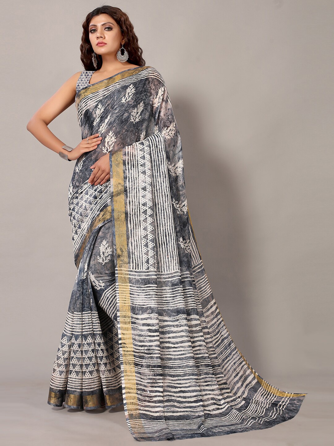 

HRITIKA Ethnic Motifs Printed Zari Silk Cotton Saree, Grey