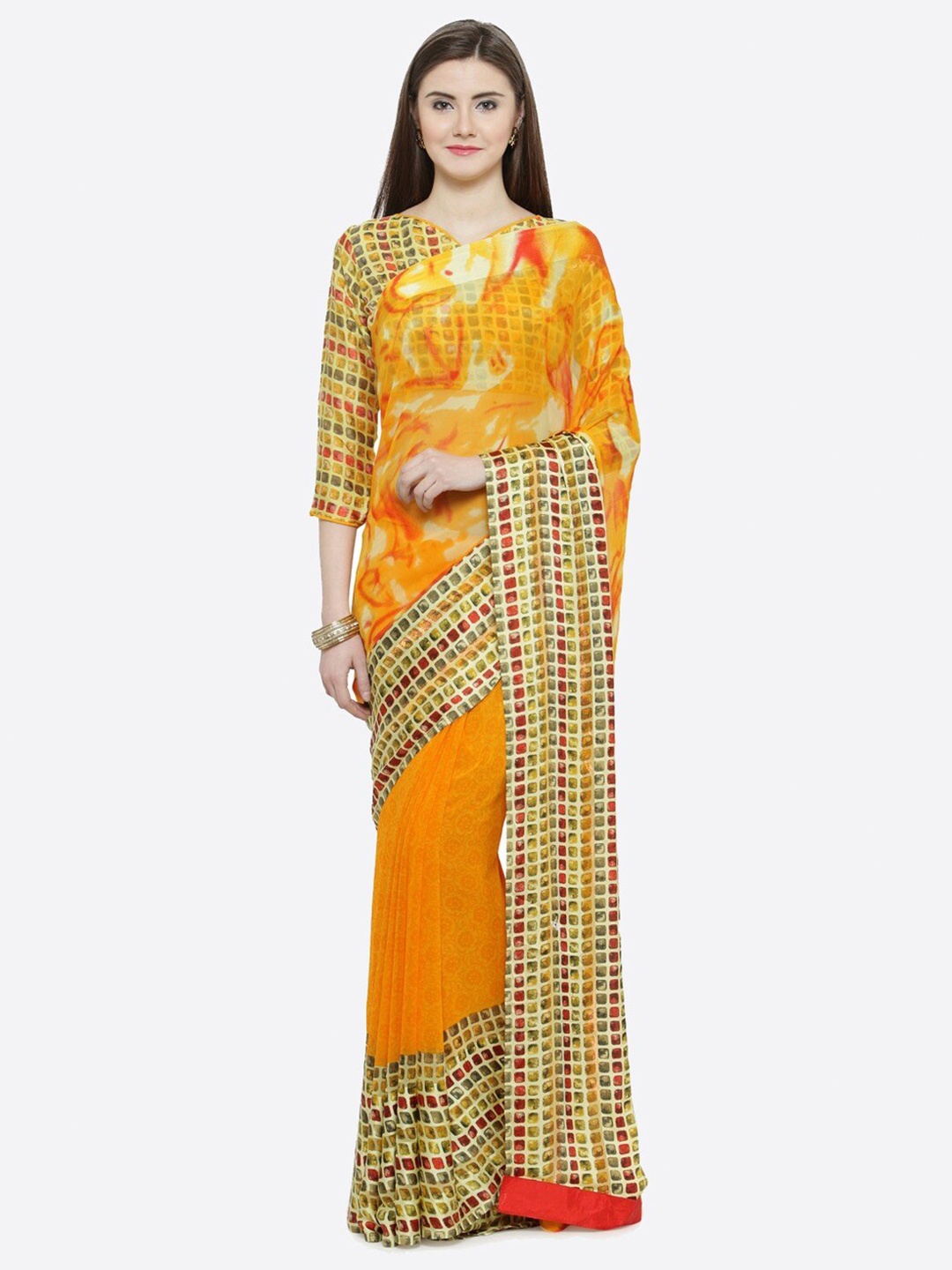 

HRITIKA Geometric Printed Saree, Yellow