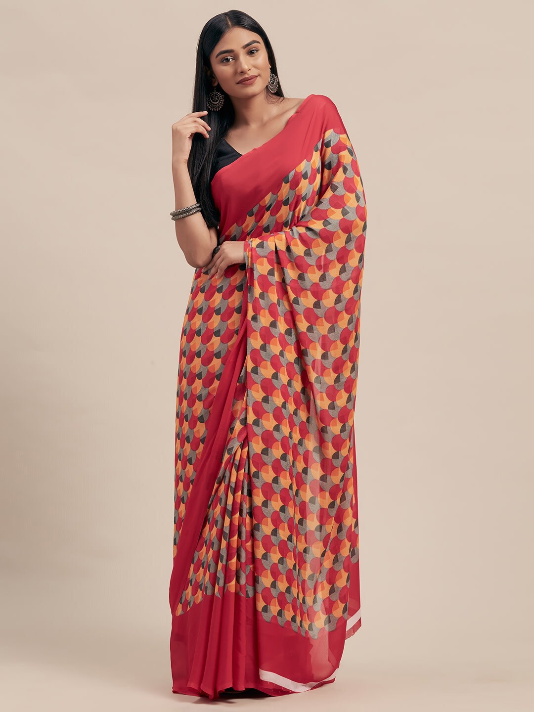 

HRITIKA Abstract Printed Saree, Coral