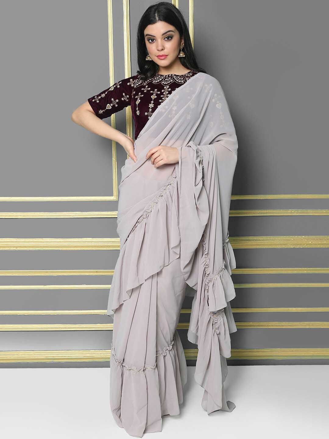 

HRITIKA Solid Ruffles Saree, Grey