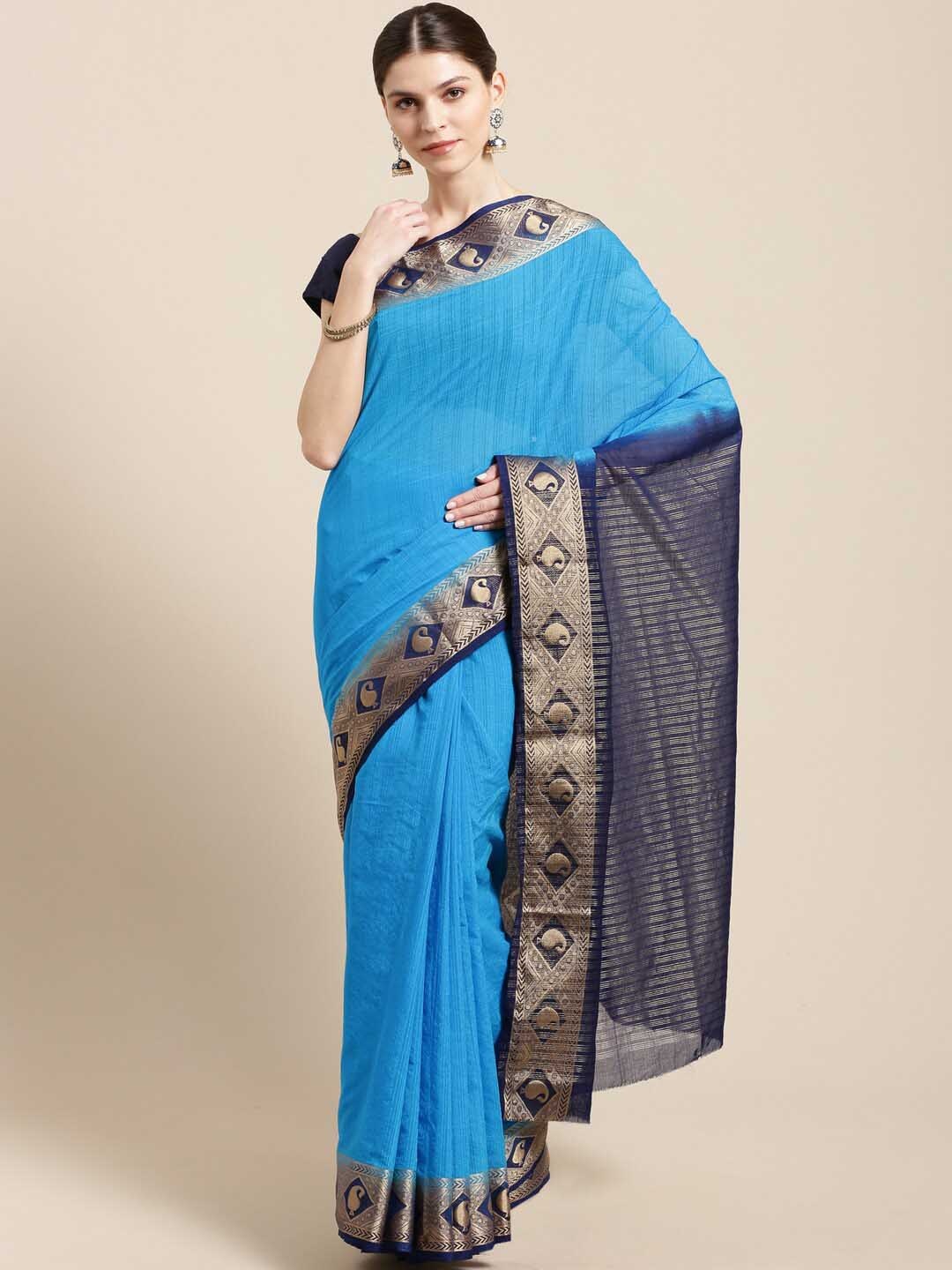 

HRITIKA Striped Zari Saree, Blue