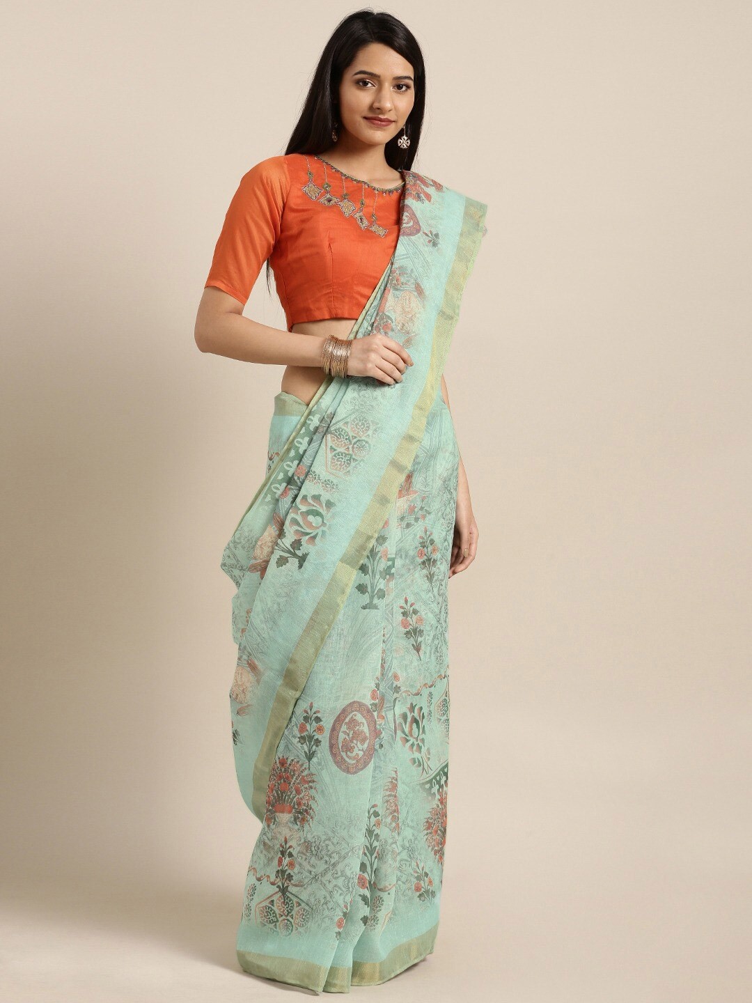 

HRITIKA Floral Printed Pure Linen Saree, Sea green
