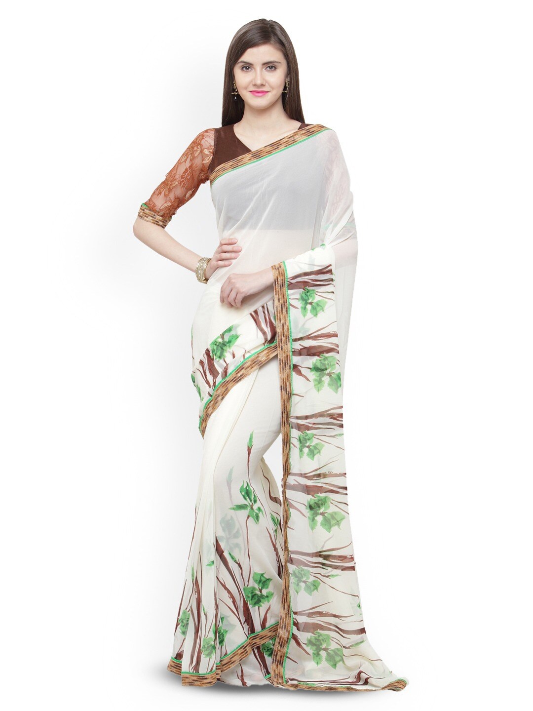 

HRITIKA Floral Printed Saree, Cream
