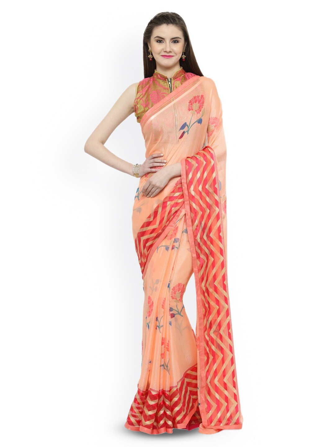 

HRITIKA Geometric Printed Brasso Saree, Peach